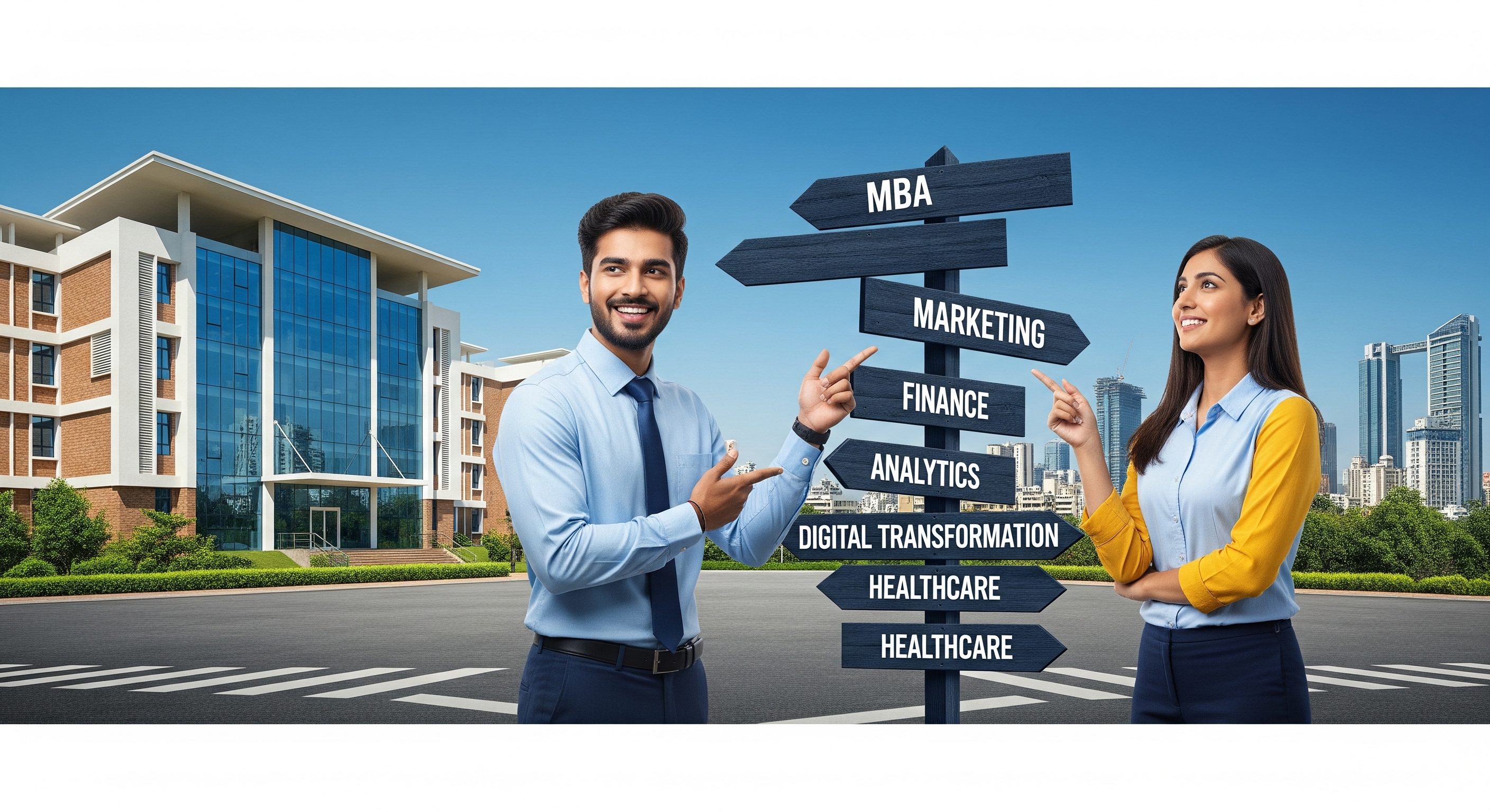 Young MBA graduate at a crossroads choosing between top business specializations like Marketing, Finance, Analytics, Digital, and Healthcare, with a city and campus in the background.